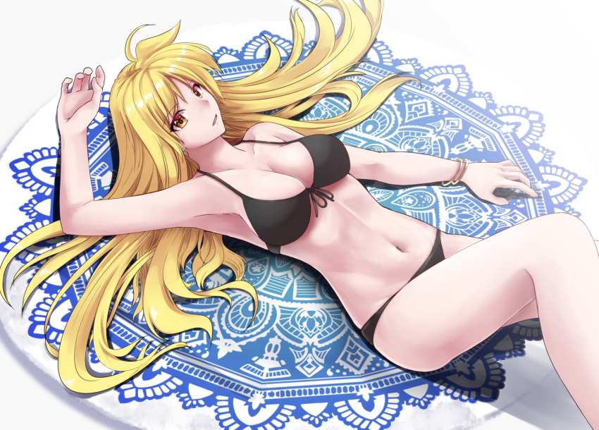 1girl, bikini, black_bikini, blonde_hair, breasts, cleavage, collarbone, cowboy_shot