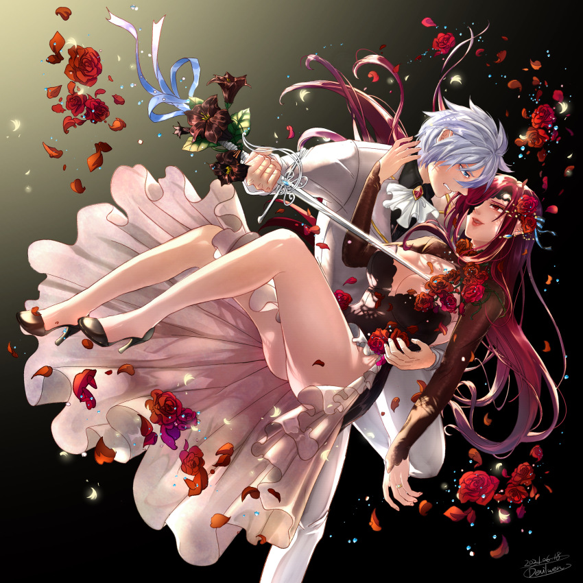 1boy, 1girl, absurdres, blue_eyes, breasts, cleavage, eden's_zero, elsie_crimson, eyepatch, hetero, highres, justice_(eden's_zero), large_breasts, long_hair, red_eyes, red_hair, skirt