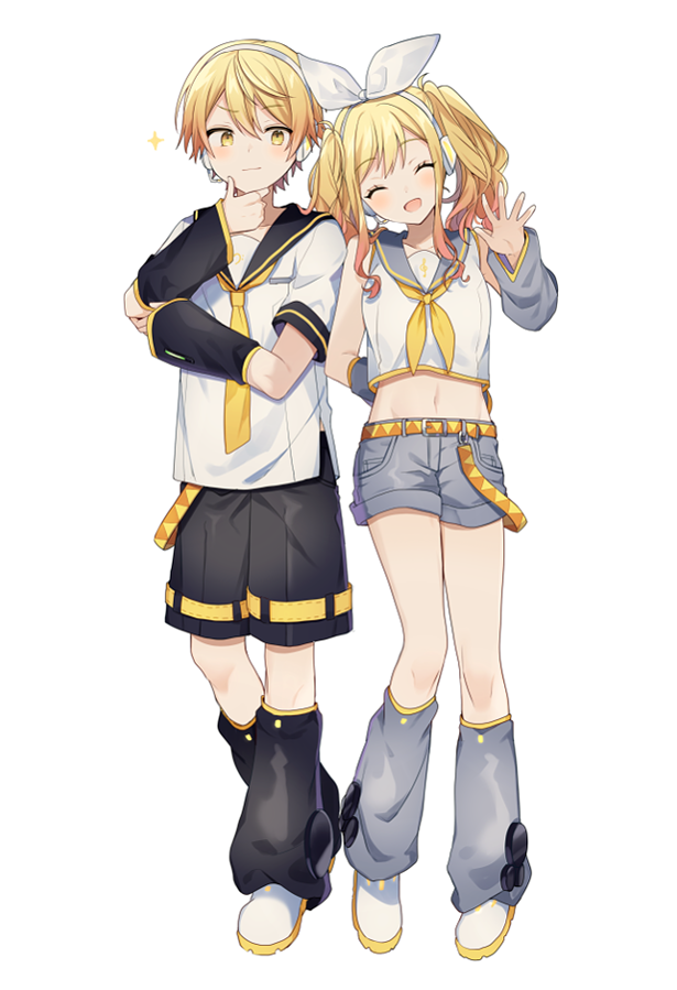 1boy, 1girl, arm_behind_back, belt, black_leg_warmers, black_legwear, black_shorts, blonde_hair