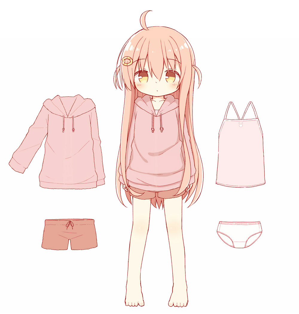 1girl, ahoge, barefoot, blush, brown_eyes, brown_hair, brown_shorts, camisole