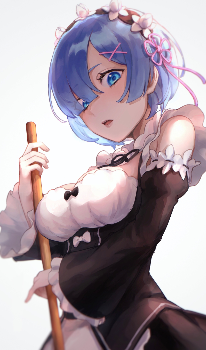 1girl, absurdres, apron, black_bow, black_ribbon, black_skirt, black_sleeves, blue_eyes, blue_hair, blush, bow, breasts, broom, cleavage, detached_collar, detached_sleeves, flower, frilled_sleeves, frills, hair_between_eyes, hair_flower, hair_ornament, hair_ribbon, head_wreath, highres, holding, holding_broom, long_sleeves, looking_at_viewer, medium_breasts, neck_ribbon, open_mouth, pink_ribbon, re:zero_kara_hajimeru_isekai_seikatsu, rem_(re:zero), ribbon, ribbon-trimmed_sleeves, ribbon_trim, roswaal_mansion_maid_uniform, sekiyu_inu, short_hair, skirt, solo, standing, underbust, waist_apron, white_apron, white_background, white_bow, white_flower, x_hair_ornament