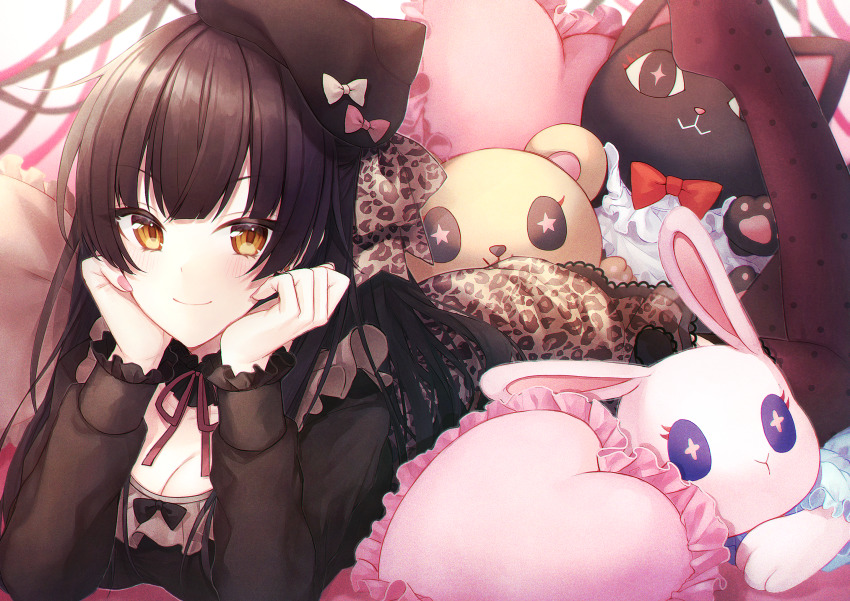 1girl, black_choker, black_hair, black_shirt, blunt_bangs, blush, breasts, brown_eyes