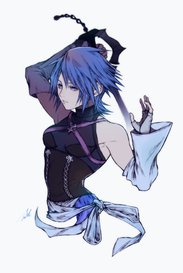 1girl, aqua_(kingdom_hearts), arm_up, blue_eyes, blue_hair, breasts, breasts_apart, chain, cropped_torso, detached_sleeves, fingerless_gloves, gloves, hair_between_eyes, holding, holding_sword, holding_weapon, kingdom_hearts, long_sleeves, medium_breasts, mim_(mimya0600), parted_lips, short_hair, signature, simple_background, solo, spiked_hair, sword, weapon, white_background, white_gloves, white_sleeves