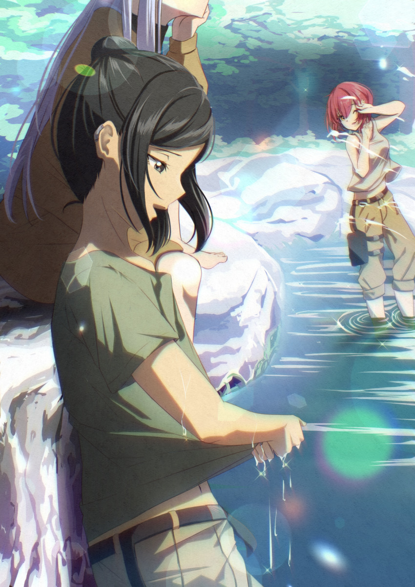 3girls, 86_-eightysix-, :d, anju_emma, belt, black_belt, black_hair, brown_jacket, brown_pants, day, green_shirt, grey_eyes, grey_shirt, harikonoma, head_out_of_frame, head_rest, highres, jacket, kaie_taniya, kurena_kukumila, lens_flare, long_hair, long_sleeves, midriff, multiple_girls, navel, one_eye_closed, open_mouth, outdoors, pants, red_hair, river, shirt, short_hair, short_sleeves, silver_hair, sleeveless, sleeveless_shirt, smile, stomach, t-shirt