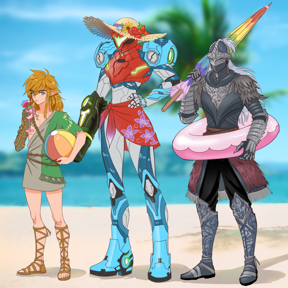 1girl, 2boys, arm_cannon, armor, ball, beach, beachball, bloody_wolf_(elden_ring), commentary, day, drinking, dysah, elden_ring, english_commentary, full_armor, full_body, hand_on_own_hip, hat, innertube, link, metroid, metroid_dread, multiple_boys, nintendo, outdoors, pointy_ears, samus_aran, sandals, sarong, sun_hat, swim_ring, tarnished_(elden_ring), the_legend_of_zelda, the_legend_of_zelda:_breath_of_the_wild, the_legend_of_zelda:_tears_of_the_kingdom, tunic, umbrella, weapon