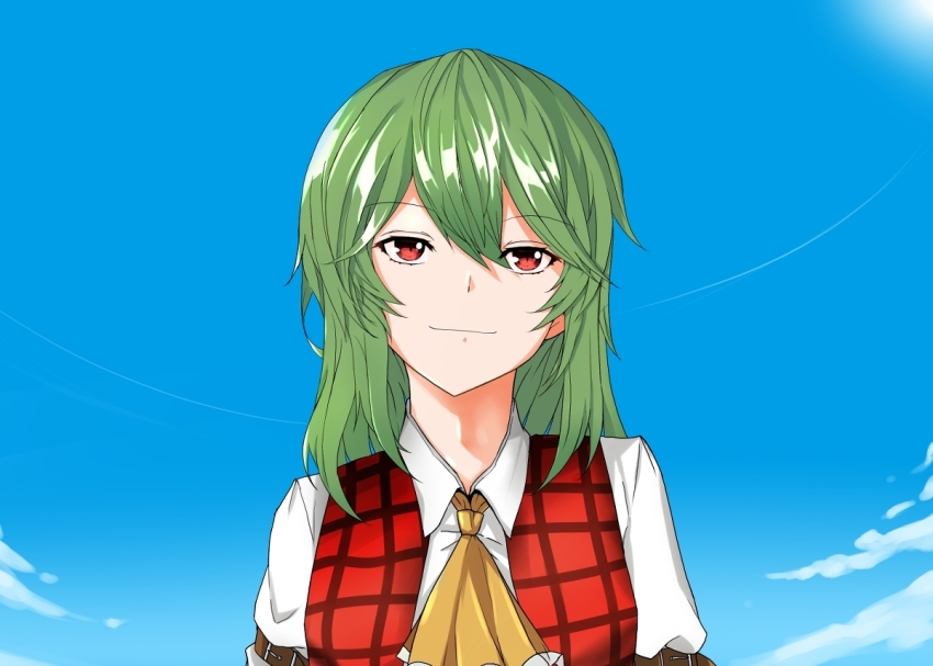 blue_sky, checkered_clothes, checkered_vest, closed_mouth, cloud, cloudy_sky, collared_shirt, green_hair