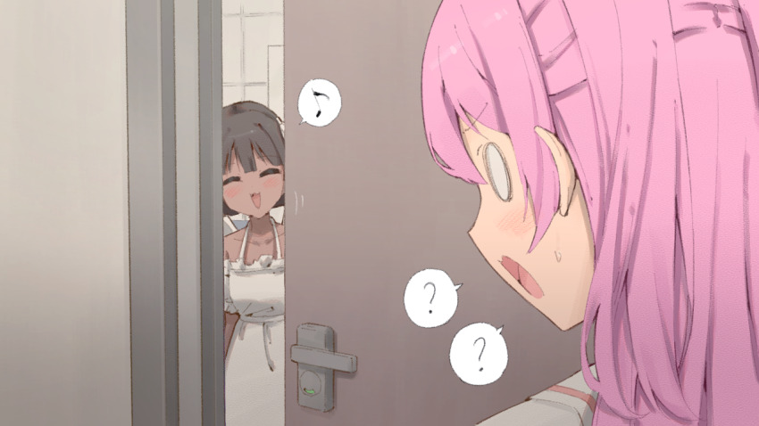 2girls, ?, ^_^, angel, bare_shoulders, bathroom, blunt_bangs, blush