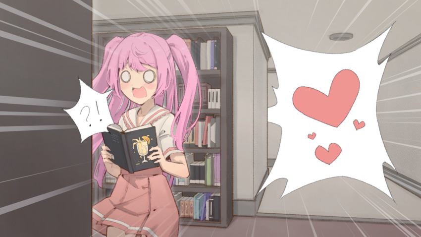 !?, 1girl, blush, book, bookshelf, cowboy_shot, emphasis_lines, female_focus