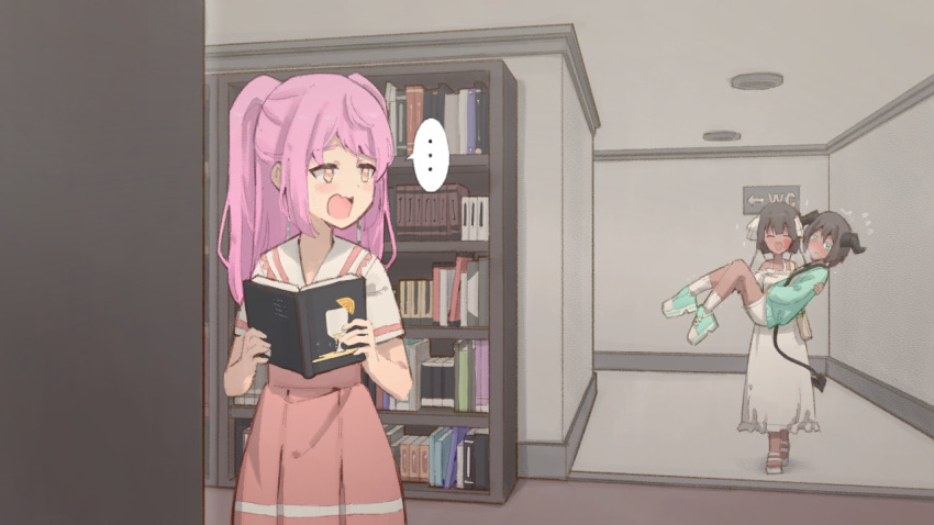 ..., 3girls, ^_^, angel, angel_and_devil, aqua_cardigan, aqua_shoes, arrow_(symbol), averting_eyes, bag, bare_shoulders, black_horns, black_ribbon, blunt_bangs, blush, bob_cut, book, bookshelf, breasts, breath, brown_hair, cardigan, carrying, choco_(rune_(dualhart)), closed_eyes, closed_mouth, cowboy_shot, dark-skinned_female, dark_skin, demon_girl, demon_tail, dress, feathered_wings, female_focus, flying_sweatdrops, frilled_dress, frilled_shirt, frills, full_body, green_eyes, hair_intakes, hair_ribbon, half-closed_eyes, handbag, handprint, hands_up, happy, holding, holding_book, horns, indoors, knees_together_feet_apart, long_hair, long_sleeves, looking_at_another, looking_back, looking_to_the_side, miniskirt, multiple_girls, natali_(rune_(dualhart)), neck_ribbon, nose_blush, off-shoulder_dress, off_shoulder, open_book, open_cardigan, open_clothes, open_mouth, orange_eyes, original, pencil_skirt, pink_hair, pink_skirt, pleated_skirt, princess_carry, ribbon, rita_(rune_(dualhart)), rune_(dualhart), sandals, school_uniform, shirt, shirt_tucked_in, shoes, short_hair, short_sleeves, shoulder_bag, sidelocks, sign, skirt, slap_mark, small_breasts, smile, sneakers, socks, spaghetti_strap, speech_bubble, spoken_ellipsis, standing, sweat, tail, trembling, two_side_up, walking, wavy_mouth, white_dress, white_footwear, white_legwear, white_ribbon, white_shirt, white_skirt, white_wings, wings, yuri