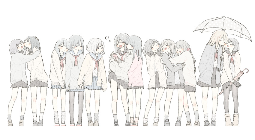 >_<, 6+girls, bare_legs, beige_sweater, black_hair, black_legwear, black_sailor_collar, black_skirt