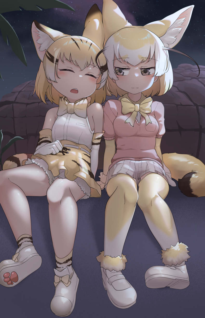 2girls, absurdres, animal_ears, animal_print, black_sky, blonde_hair, bob_cut, bow