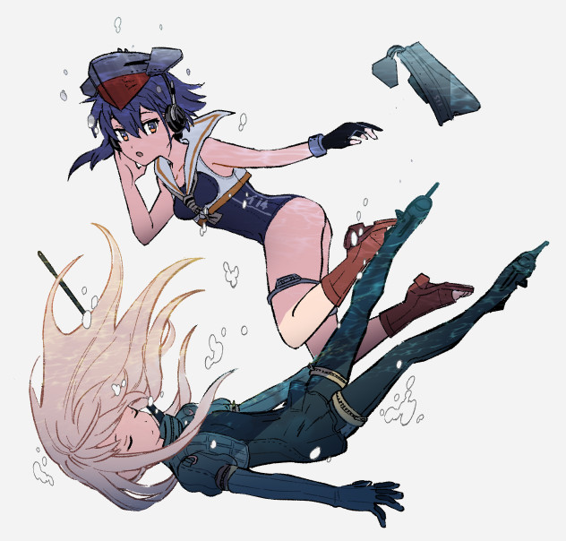 2girls, :o, asymmetrical_hair, black_gloves, blonde_hair, blue_hair, breasts, closed_eyes