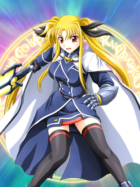 00s, 1girl, bardiche_(nanoha), bardiche_(zanber_form)_(nanoha), blonde_hair, breasts, fate_testarossa, fate_testarossa_(impulse_form)