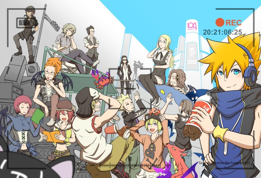 4girls, 6+boys, 777_(subarashiki_kono_sekai), animal, animal_on_head, baseball_cap, beanie, bito_daisukenojo