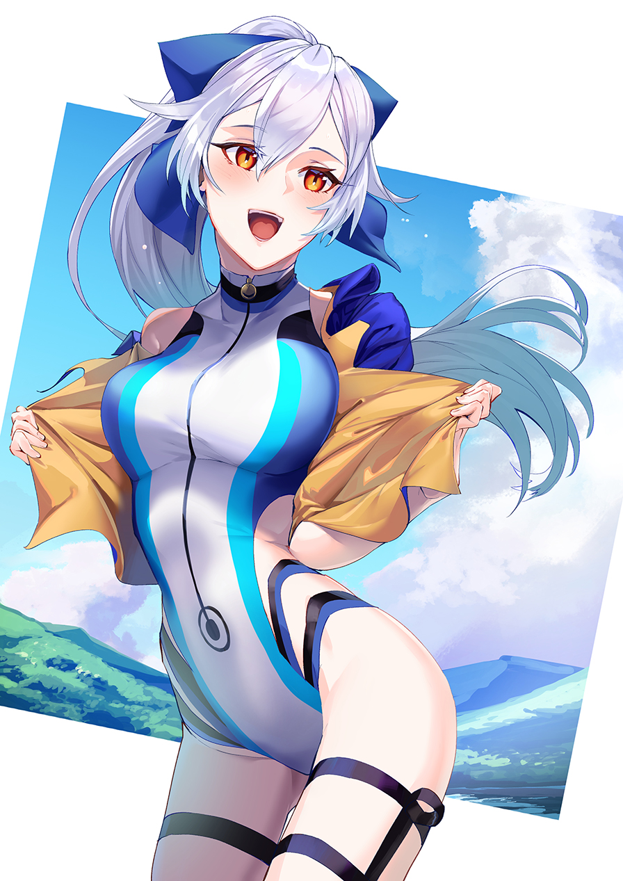 1girl, blue_bow, blue_jacket, blue_one-piece_swimsuit, blue_sky, bow, breasts, competition_swimsuit