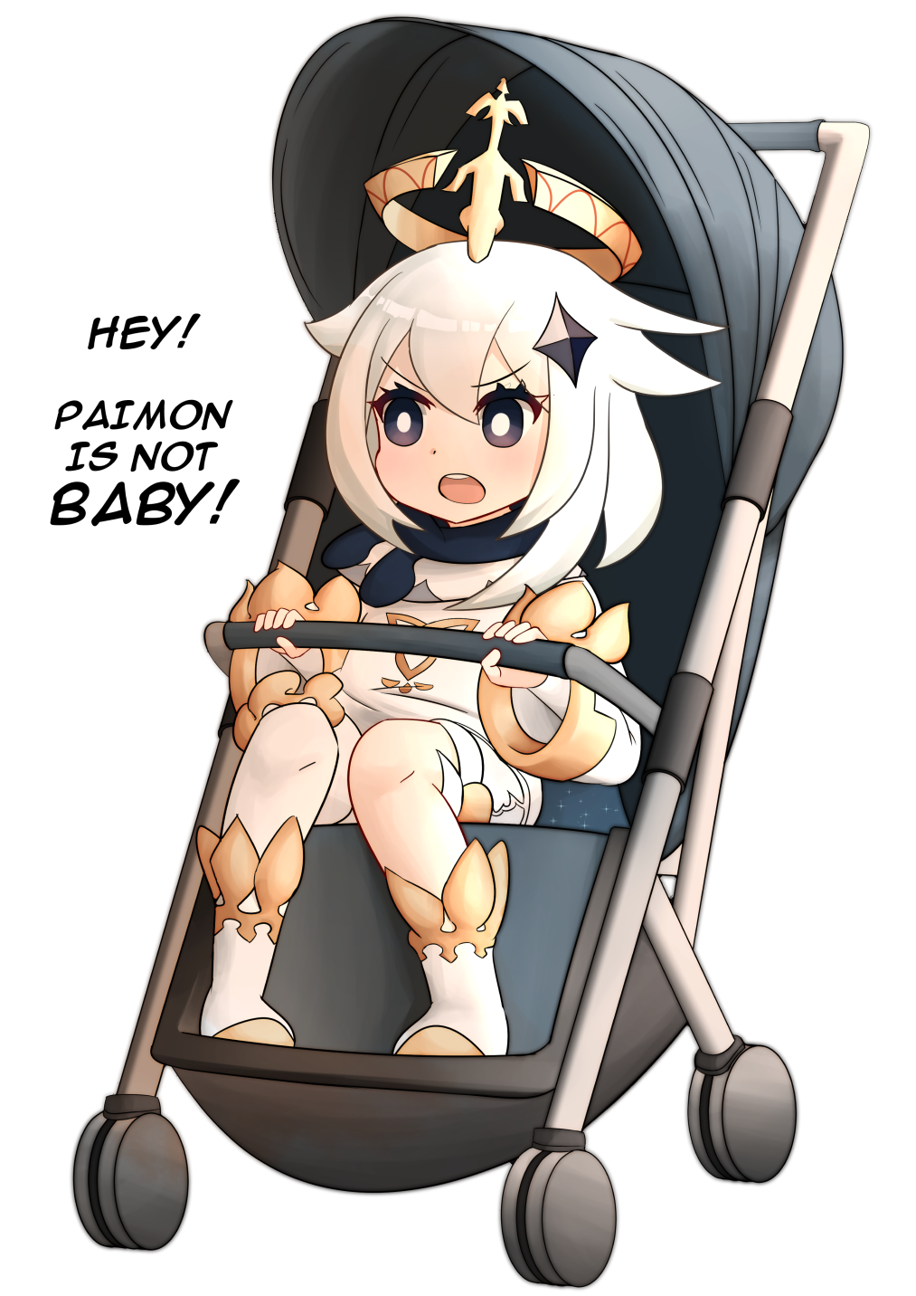 1girl, arkeden_razeare, black_eyes, commission, dress, english_text, full_body, furrowed_brow, genshin_impact, hair_flaps, halo, highres, open_mouth, paimon_(genshin_impact), romper, solo, stroller, teeth, upper_teeth_only, white_dress, white_hair, white_romper