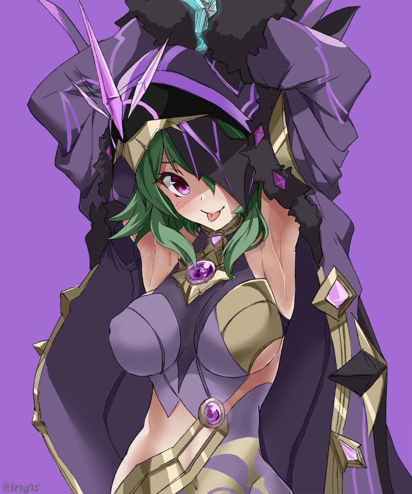 1girl, armpits, arms_up, breasts, brooch, cicin_mage_(genshin_impact), cloak, closed_mouth, electro_cicin_mage_(genshin_impact), fur_trim, genshin_impact, green_hair, highres, hood, hooded_cloak, jewelry, kurokage, long_hair, long_sleeves, looking_at_viewer, mask, medium_breasts, pink_eyes, purple_background, revealing_clothes, simple_background, smile, solo, tongue, tongue_out, upper_body