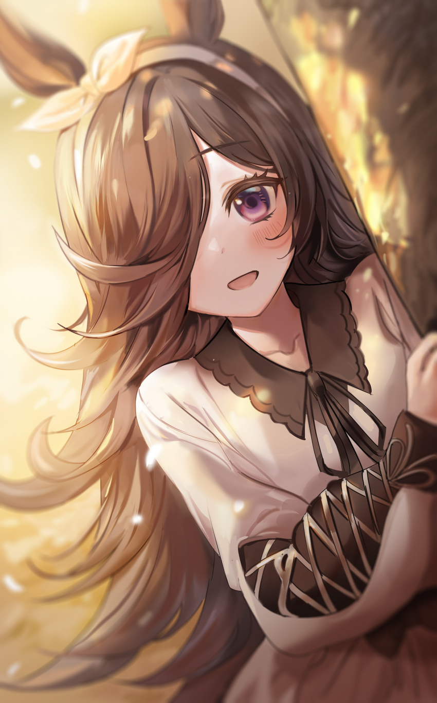 1girl, absurdres, animal_ears, black_ribbon, blush, brown_hair, collarbone, hair_over_one_eye