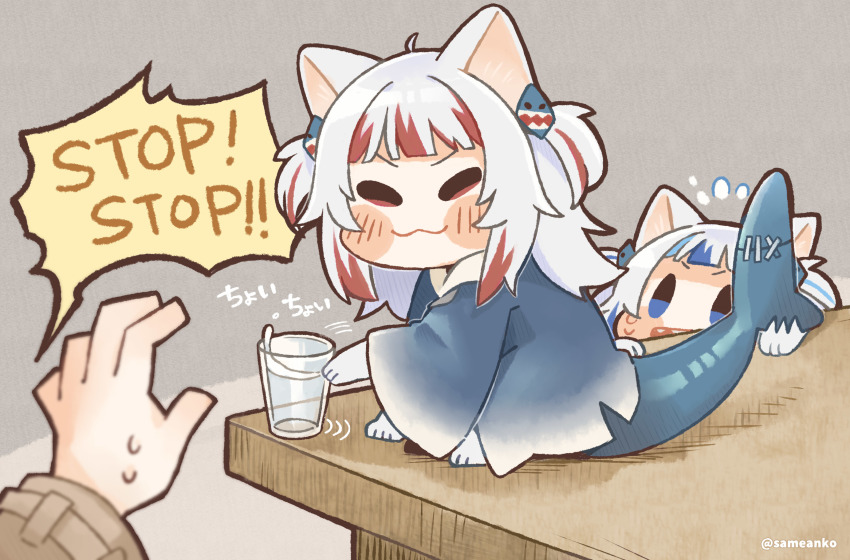 3girls, :3, alternate_eye_color, alternate_hair_color, animal_ears, animal_hands, blue_eyes, blue_hair