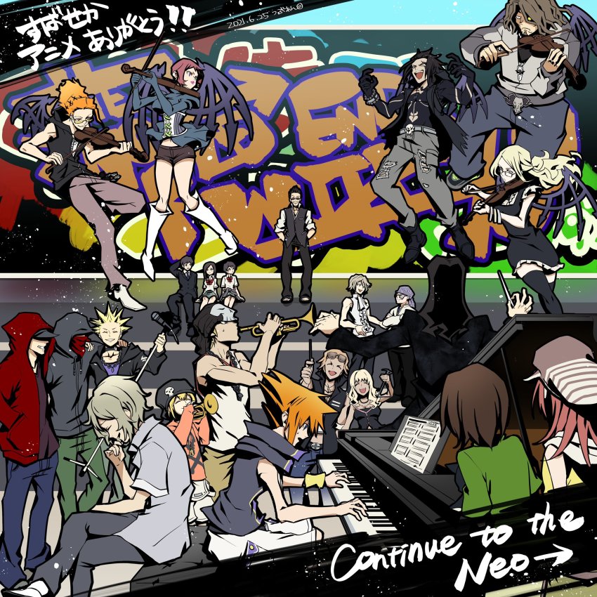 6+boys, 6+girls, 777_(subarashiki_kono_sekai), ai_(twewy), arm_around_shoulder, beanie, belt_buckle, bito_daisukenojo