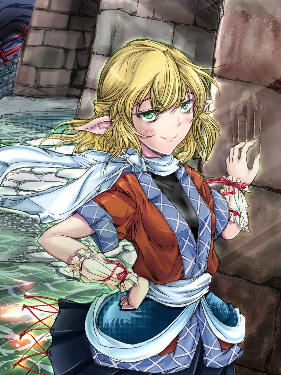 1girl, arm_warmers, b_dome, black_shirt, black_skirt, blonde_hair, blush, breasts