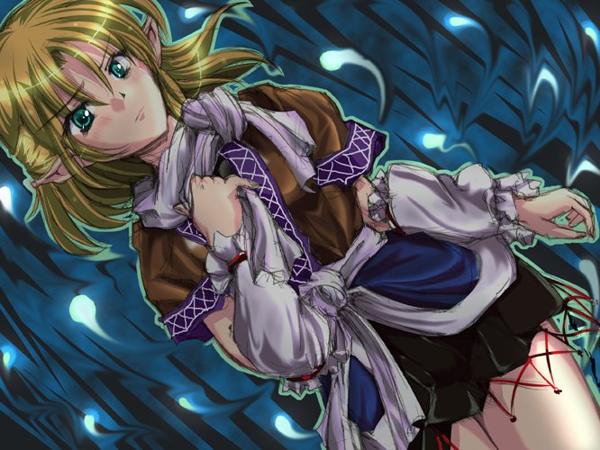 1girl, arm_warmers, b_dome, black_shirt, black_skirt, blonde_hair, brown_jacket, closed_mouth, commentary_request, cowboy_shot, dutch_angle, green_eyes, hair_between_eyes, half_updo, jacket, layered_clothes, looking_at_viewer, medium_hair, mizuhashi_parsee, multicolored_jacket, pointy_ears, sash, scarf, shirt, short_sleeves, skirt, solo, touhou, white_sash, white_scarf