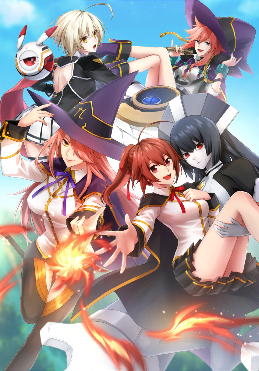 5girls, :d, :o, ahoge, armor, back_cutout, backless_outfit, black_cape