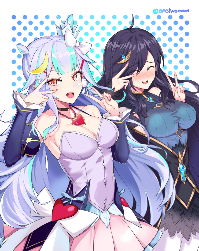 2girls, absurdres, black_hair, bodice, double_v, eda_(epic_seven), epic_seven, closed_eyes, hair_ornament, heart, heart_necklace, highres, moon_(ornament), multicolored_hair, multiple_girls, necklace, open_mouth, polka_dot, polka_dot_background, smile, solitaria_(epic_seven), star_(symbol), star_hair_ornament, two-tone_hair, two-tone_skirt, twomoon, v, v_over_eye