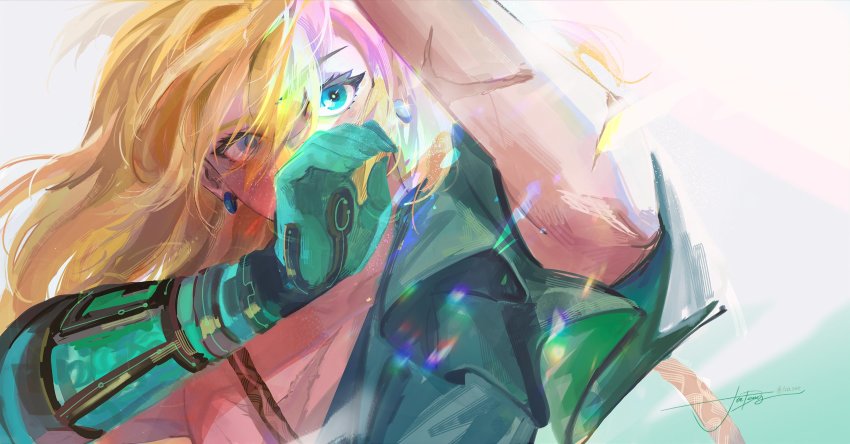 1boy, archaic_set_(zelda), arm_up, asymmetrical_clothes, blonde_hair, bloom, blue_eyes, chromatic_aberration