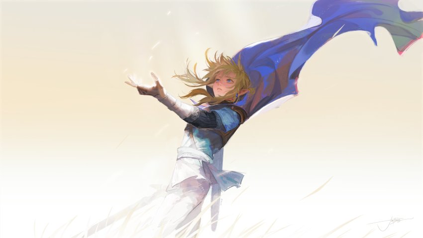 1boy, absurdres, blonde_hair, bloom, blue_eyes, cape, chinese_commentary, commentary, detached_sleeves, dutch_angle, earrings, english_commentary, feet_out_of_frame, fingerless_gloves, gloves, gradient_background, highres, holding, holding_weapon, jewelry, jie_deng, light_particles, link, long_hair, looking_afar, looking_up, male_focus, mixed-language_commentary, nintendo, outdoors, outstretched_arm, parted_lips, pointy_ears, scabbard, sheath, simple_background, solo, sword, the_legend_of_zelda, the_legend_of_zelda:_breath_of_the_wild, tunic, weapon, wide_shot