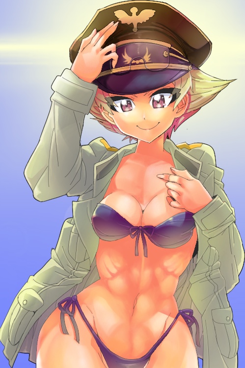 1girl, abs, bikini, black_bikini, blonde_hair, blush, breasts, brown_eyes