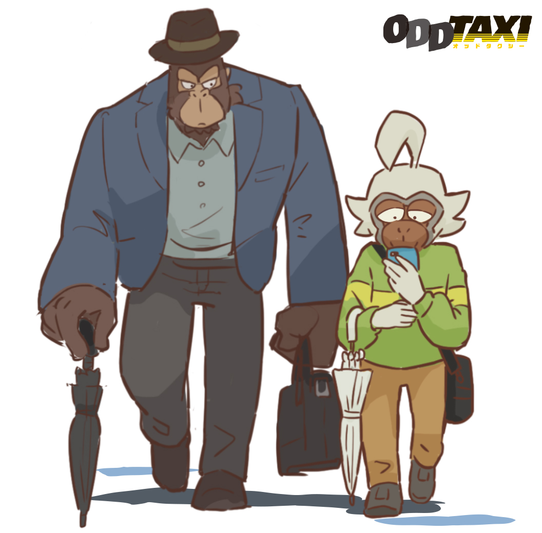 2boys, adjusting_clothes, ahegao, black_footwear, black_umbrella, blue_jacket, brown_headwear, brown_legwear