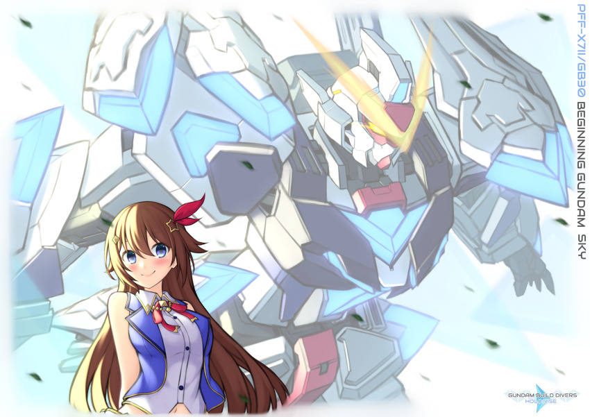 1girl, beginning_gundam, blouse, blue_eyes, blue_vest, blush, breasts, commentary, english_commentary, eyebrows_hidden_by_hair, floating_hair, glowing, glowing_eye, gundam, gundam_build_divers, gundam_build_divers_re:rise, gunpla_builders_beginning_g, highres, hololive, leaning_back, logo_parody, long_hair, looking_at_viewer, mecha, medium_breasts, mobile_suit, navel, open_hand, parody, pinguinkotak, robot, science_fiction, shirt, sleeveless, sleeveless_shirt, smile, title_parody, tokino_sora, tokino_sora_(1st_costume), upper_body, v-fin, vest, virtual_youtuber, white_shirt, yellow_eyes