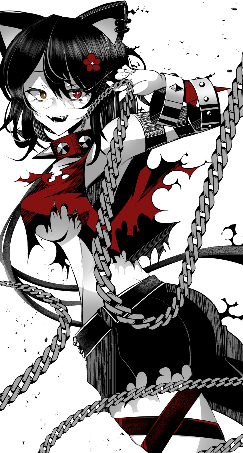 1girl, absurdres, animal_ears, black_pants, breasts, bright_pupils, chain, cosplay, dog_ears, dog_girl, ear_piercing, fangs, flower, from_side, hair_flower, hair_ornament, heterochromia, highres, holding, holding_chain, inui_toko, long_hair, medium_breasts, nijisanji, open_mouth, pants, papa-kun_(destiny549-2), piercing, red_eyes, red_flower, smile, solo, spot_color, tales_of_(series), tales_of_berseria, torn_clothes, torn_pants, underboob, velvet_crowe, velvet_crowe_(cosplay), virtual_youtuber, white_pupils, yellow_eyes