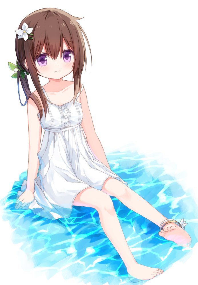 1girl, anklet, bare_arms, bare_shoulders, barefoot, blush, brown_hair, closed_mouth