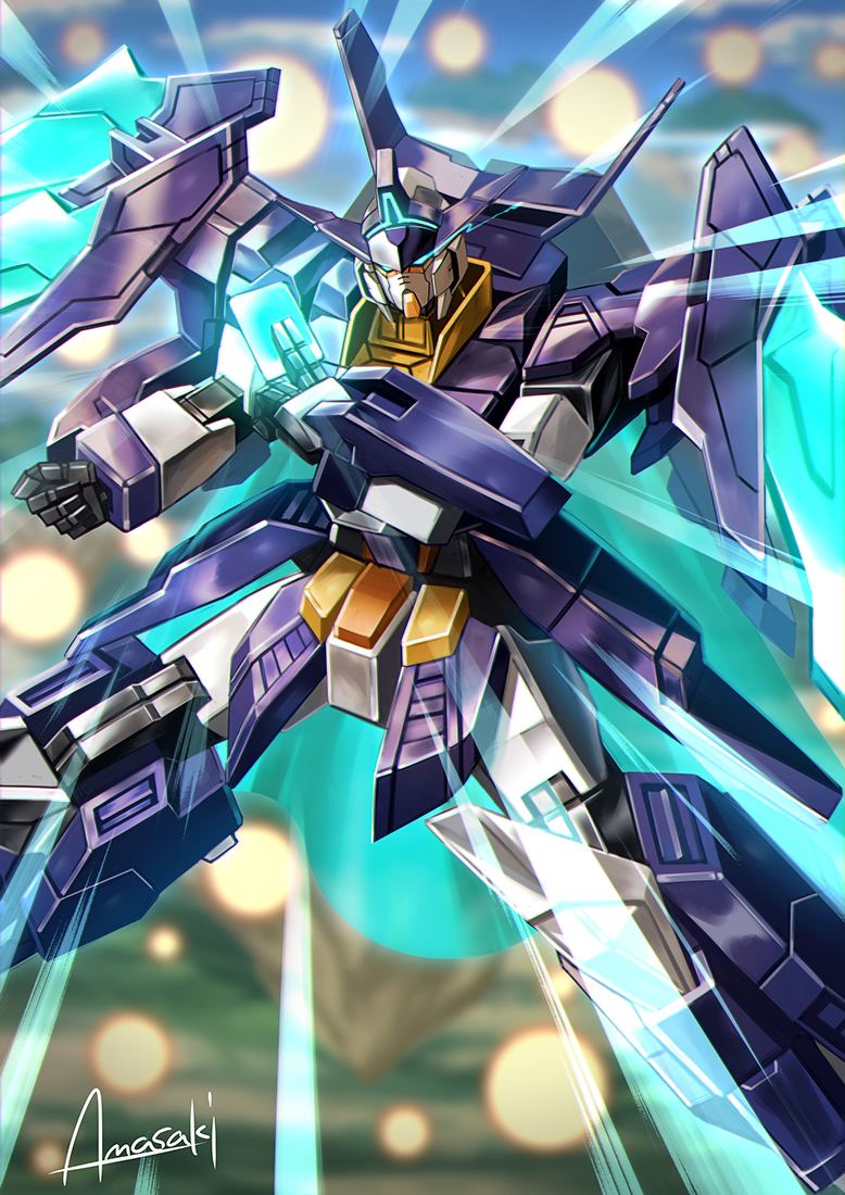amasaki_yusuke, artist_name, blue_eyes, card, energy_cape, explosion, floating, gundam, gundam_build_divers, gundam_build_divers_re:rise, gundam_try_age_magnum, holding, holding_card, mecha, mobile_suit, no_humans, robot, science_fiction, signature, solo, v-fin