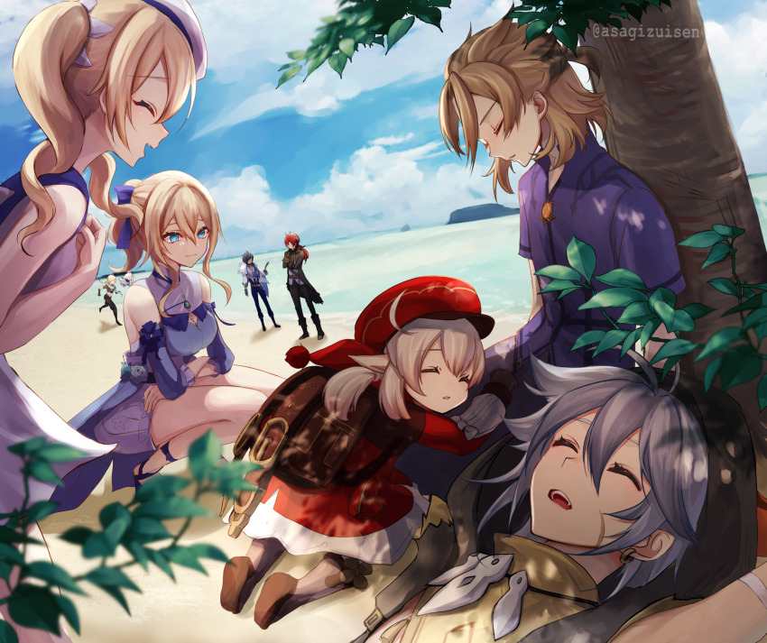 4girls, 5boys, :d, ^_^, aether_(genshin_impact), ahoge, albedo_(genshin_impact), asagizuisen
