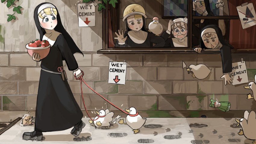 5girls, :o, angry, beak, belt, bird, blonde_hair, blue_eyes