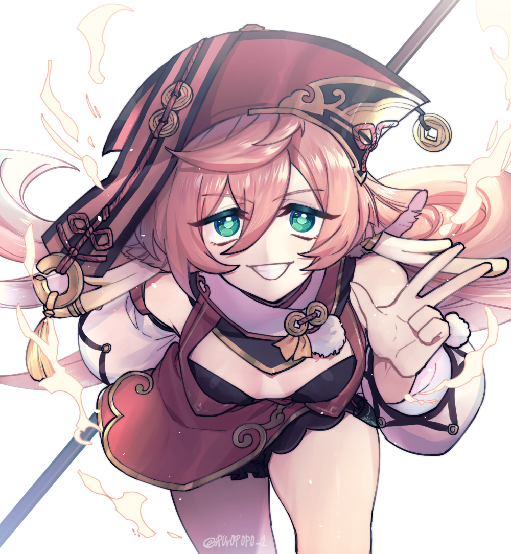 1girl, bare_shoulders, black_bra, black_shorts, bra, breasts, cleavage, genshin_impact, holding, holding_staff, long_sleeves, p0p0, pink_hair, red_headwear, shorts, simple_background, small_breasts, smile, solo, staff, teeth, underwear, white_background, yanfei_(genshin_impact)