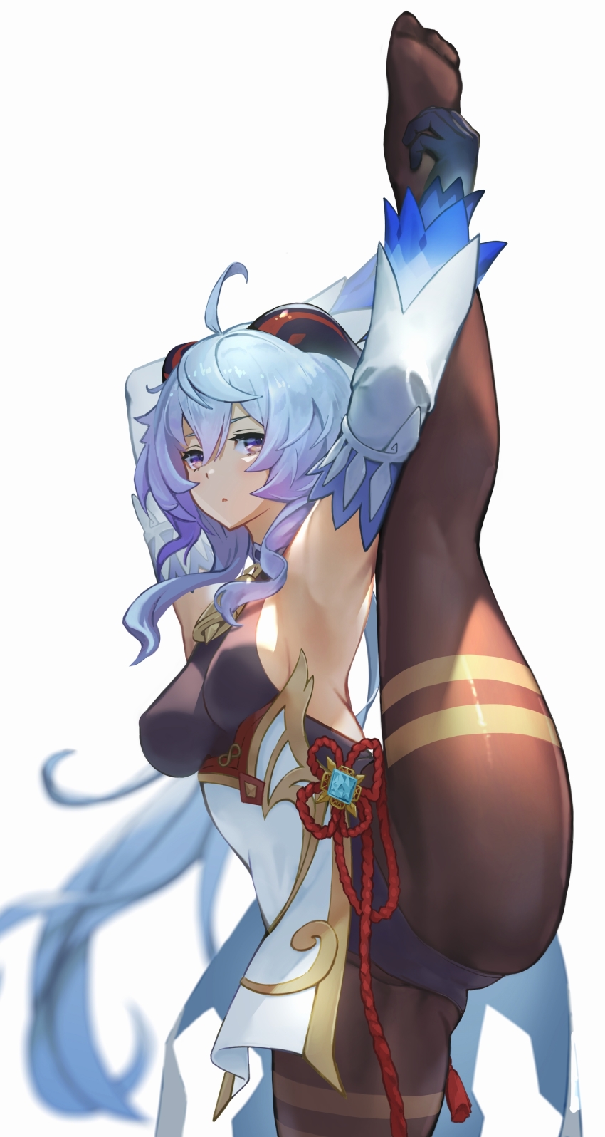 1girl, absurdres, ahoge, armpits, arms_up, bell, black_pantyhose, blue_gloves, blue_hair, bodysuit, breasts, brown_bodysuit, cameltoe, chinese_knot, cowbell, flexible, ganyu_(genshin_impact), genshin_impact, gloves, goat_horns, hair_between_eyes, harada_isuka, highres, horns, jewelry, legs, leotard, leotard_under_clothes, long_hair, long_image, long_sleeves, looking_at_viewer, medium_breasts, neck_bell, no_shoes, pantyhose, purple_eyes, sideboob, simple_background, solo, split, standing, standing_on_one_leg, standing_split, thighlet, thighs, very_long_hair, white_background