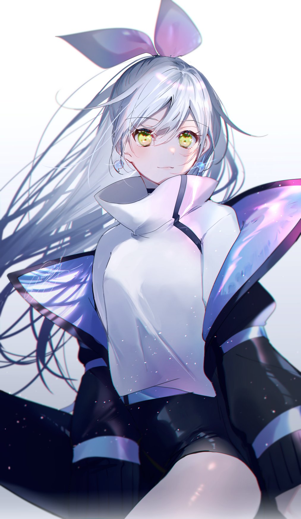 1girl, belt, black_background, black_jacket, black_shorts, blush, bow, bow_hairband