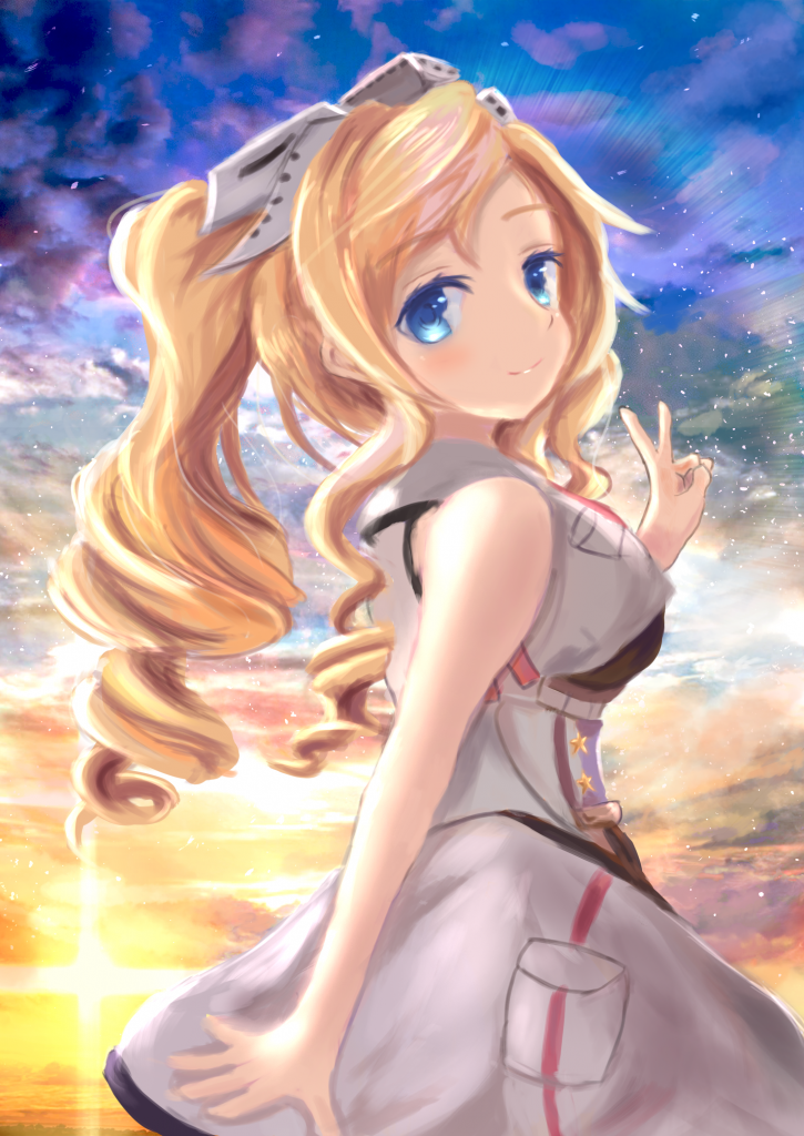 1girl, blonde_hair, blue_eyes, breast_pocket, cloud, commentary_request, cowboy_shot, drill_hair