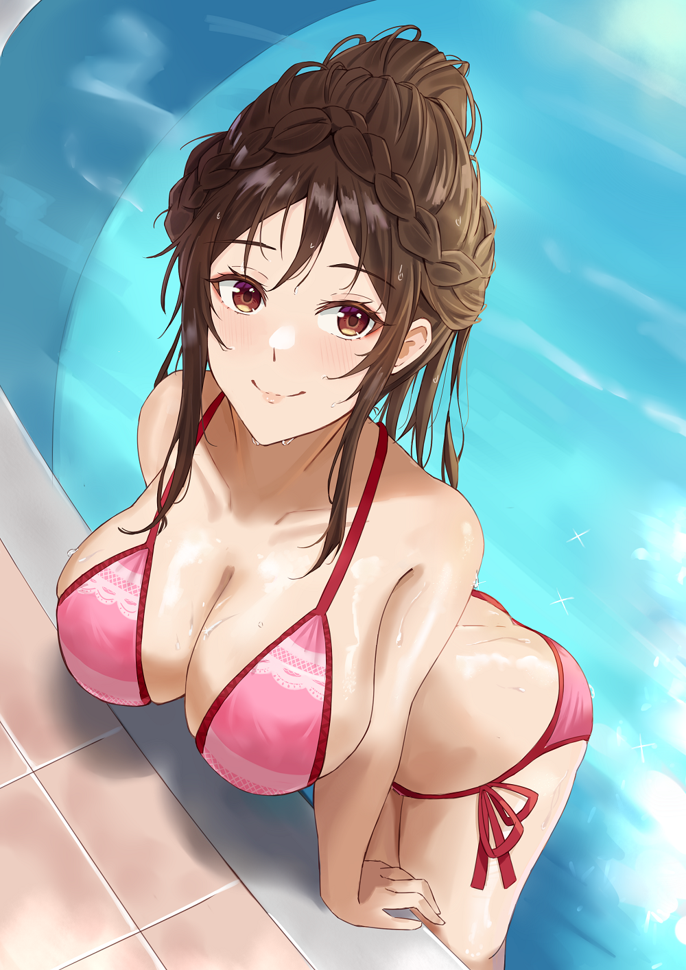 1girl, alternate_hairstyle, bikini, blush, braid, breasts, brown_eyes, brown_hair, cleavage, hair_bun, highres, huge_breasts, kanojo_okarishimasu, large_breasts, looking_at_viewer, mizuhara_chizuru, partially_submerged, pink_bikini, pool, poolside, single_hair_bun, smile, smodzz998, solo, swimsuit, water, wet