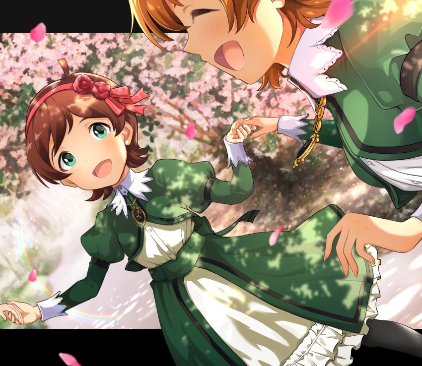 2girls, :d, ^_^, absurdres, antenna_hair, breasts, brown_hair, cherry_blossoms
