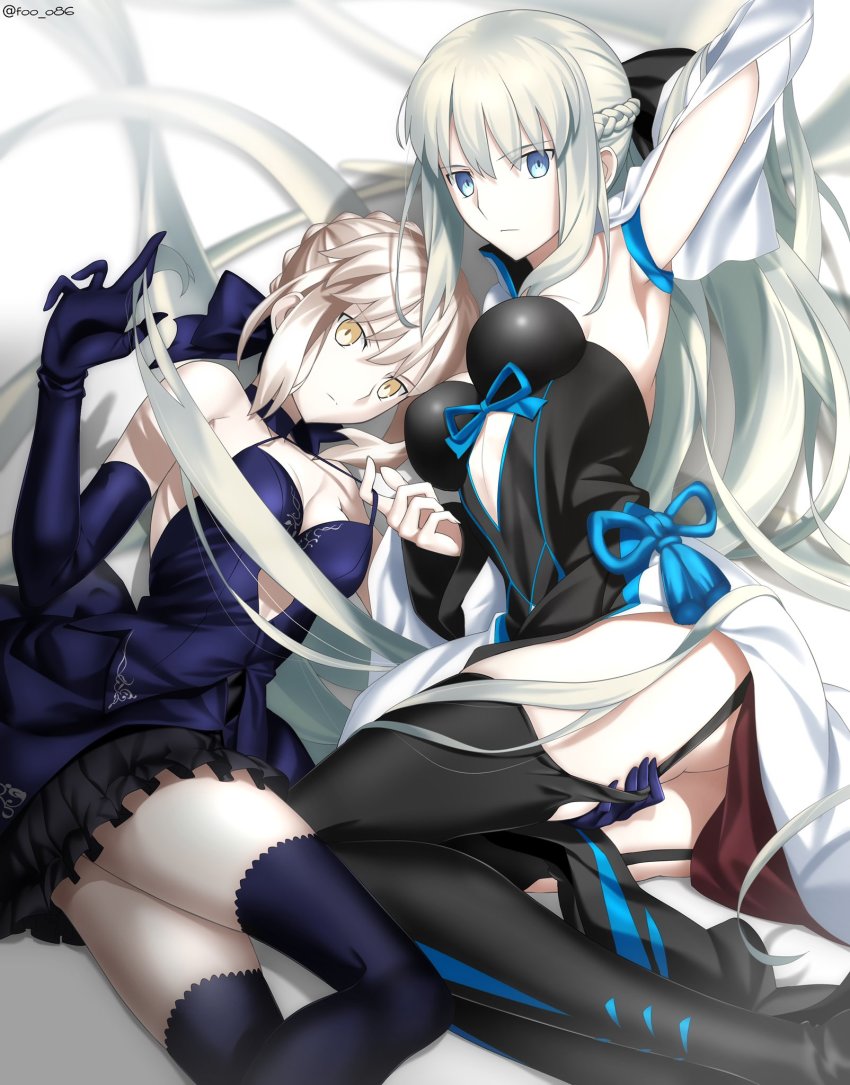 2girls, artoria_pendragon_(fate), black_dress, blonde_hair, blue_eyes, bow, braid, breasts