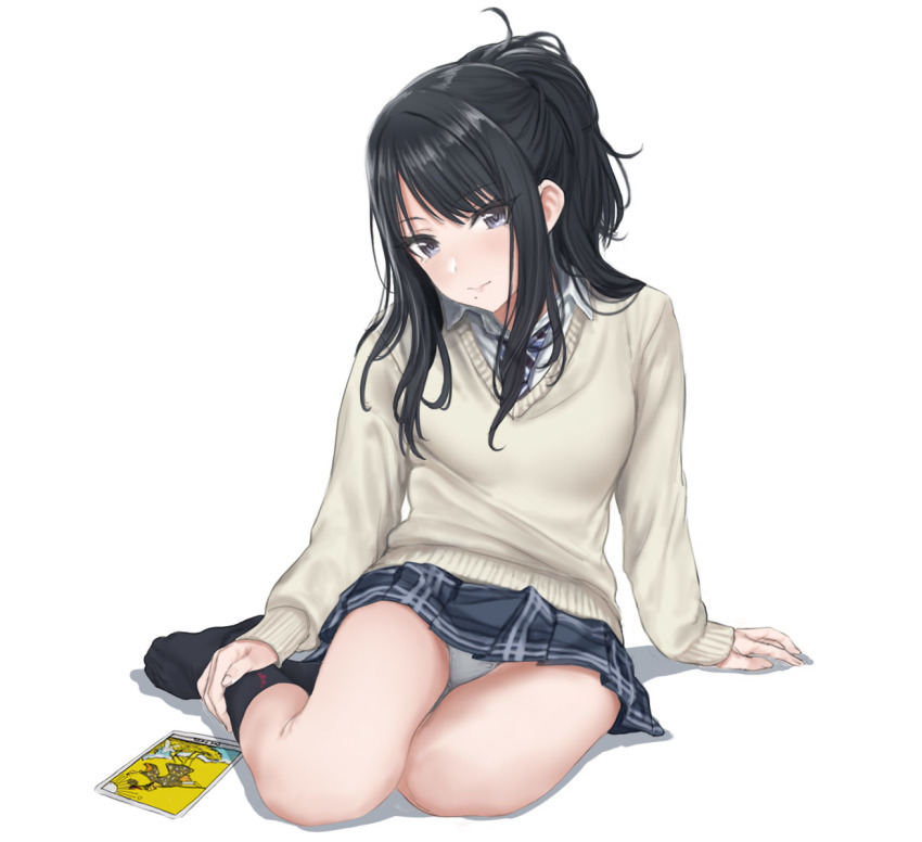 1girl, arm_support, beige_sweater, black_eyes, black_hair, black_skirt, black_socks, breasts, car, card, collared_shirt, hamedoragon, hand_on_own_leg, idolmaster, idolmaster_shiny_colors, kazano_hiori, light_blush, long_hair, long_sleeves, looking_at_viewer, mole, mole_under_mouth, motor_vehicle, necktie, panties, pantyshot, plaid_clothes, plaid_skirt, pleated_skirt, ponytail, school_uniform, shirt, sidelocks, simple_background, sitting, skirt, small_breasts, smile, socks, solo, striped_clothes, striped_necktie, sweater, tarot, tarot_card, two-tone_neckwear, underwear, white_background, white_panties, yokozuwari