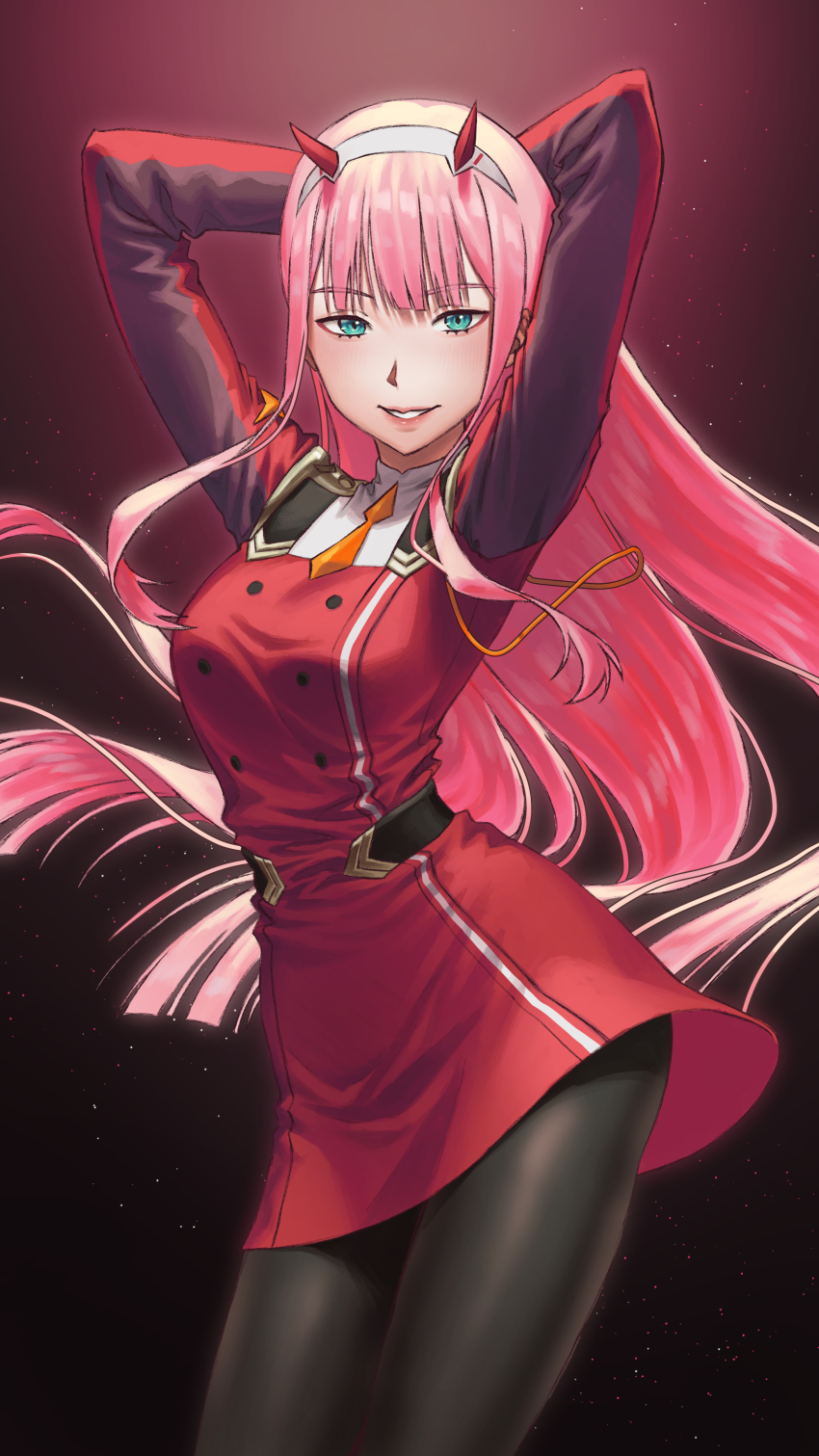 1girl, absurdres, akushitsu_ningen, aqua_eyes, black_background, black_pantyhose, blunt_bangs, breasts, buttons, cowboy_shot, dancing, darling_in_the_franxx, double-breasted, grin, hairband, hands_up, highres, horns, lips, long_hair, looking_at_viewer, me!me!me!, me!me!me!_dance_(meme), medium_breasts, meme, military, military_uniform, necktie, oni_horns, pantyhose, phut_hon, pink_hair, red_horns, simple_background, smile, solo, straight_hair, very_long_hair, white_hairband, zero_two_(darling_in_the_franxx)