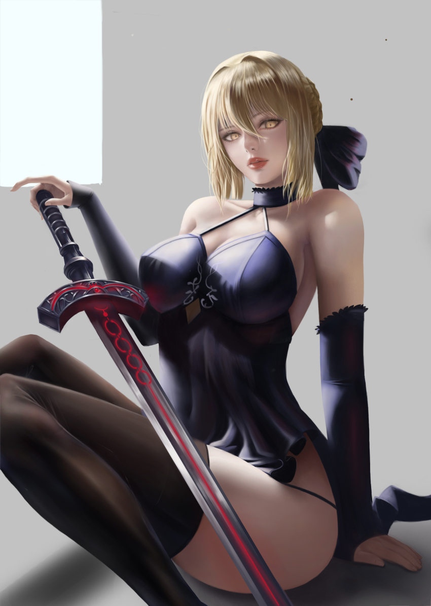1girl, absurdres, artoria_pendragon_(fate), bad_id, bad_pixiv_id, bare_shoulders, black_dress, blonde_hair