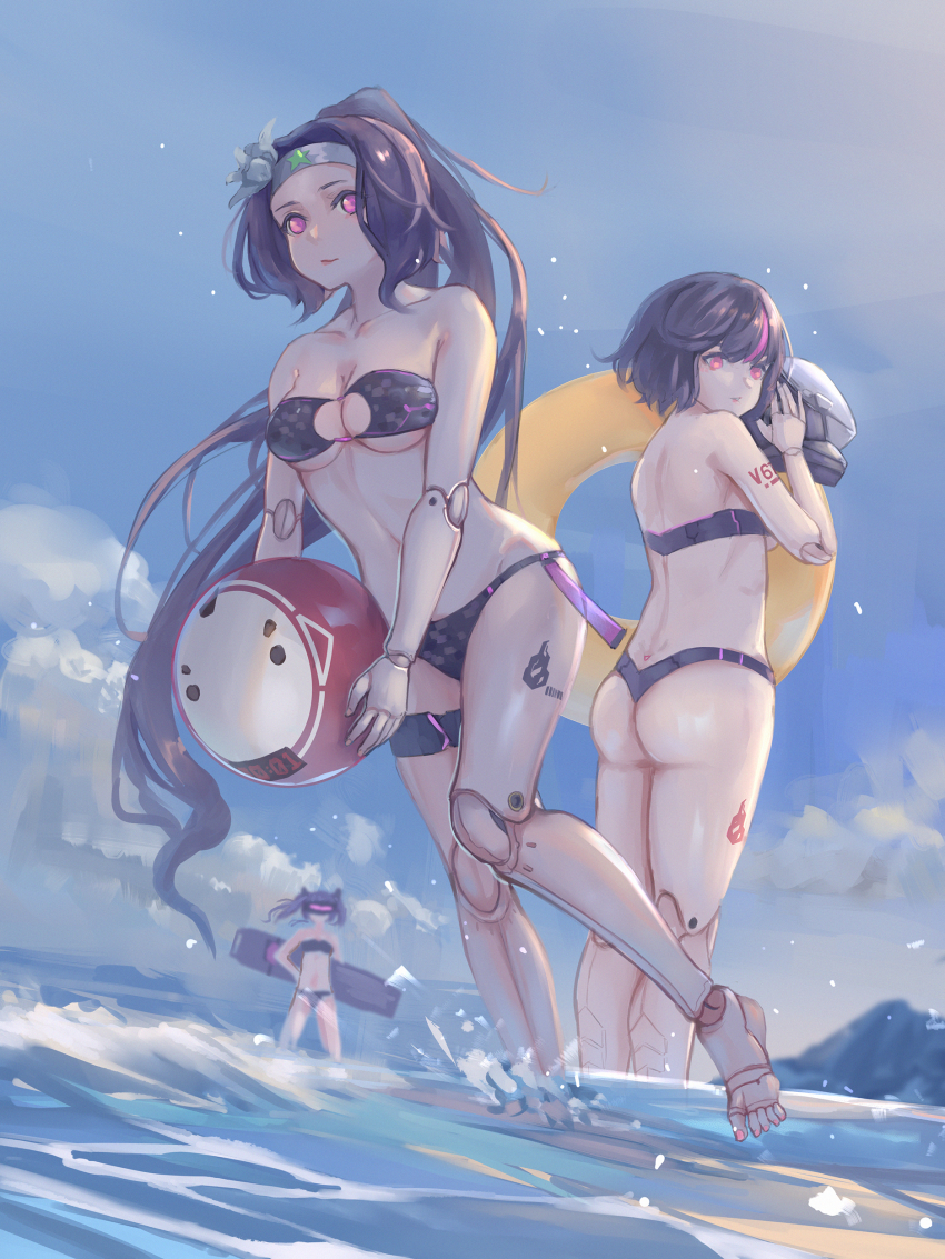 3girls, absurdres, android, ass, back, ball, barefoot, beach, beachball, bikini, black_hair, breasts, cloud, countdown_timer, day, doll_joints, feet, girls'_frontline, goliath_(girls'_frontline), guard_(girls'_frontline), helmet, highres, holding, holding_unworn_helmet, innertube, insignia, jaeger_(girls'_frontline), joints, long_hair, looking_back, medium_breasts, multicolored_hair, multiple_girls, nail_polish, number_tattoo, outdoors, pink_eyes, pink_hair, purple_hair, sangvis_ferri, short_hair, short_twintails, smile, streaked_hair, swim_ring, swimsuit, tattoo, toenail_polish, toenails, toes, twintails, unworn_headwear, unworn_helmet, very_long_hair, vespid_(girls'_frontline), visor, water, xyufsky
