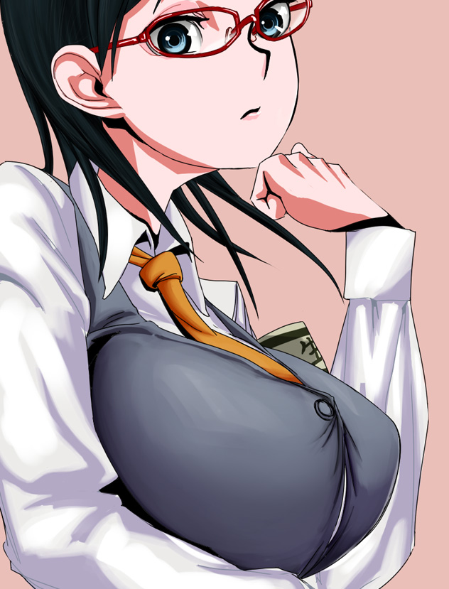 00s, 1girl, black_hair, blue_eyes, breasts, female_focus, gamma_ray_burst, glasses